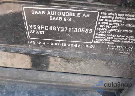 2007 Saab 9-3 2.0T from USA, damaged, VIN YS3FD49Y371136585